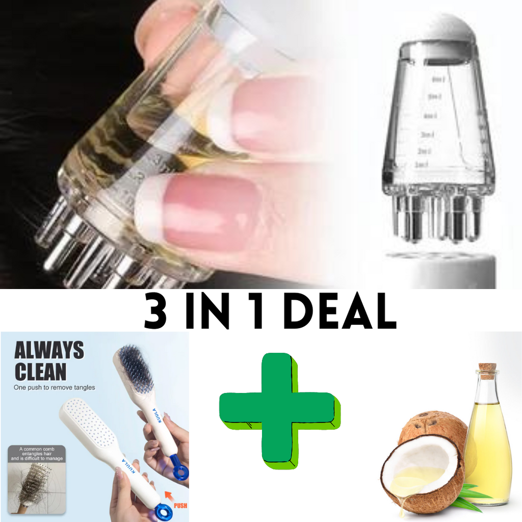 Scalp Root Applicator Comb + Self Cleaning Hair Brush + Hair Oil (3 in 1 Combo Deal for Hair Care)